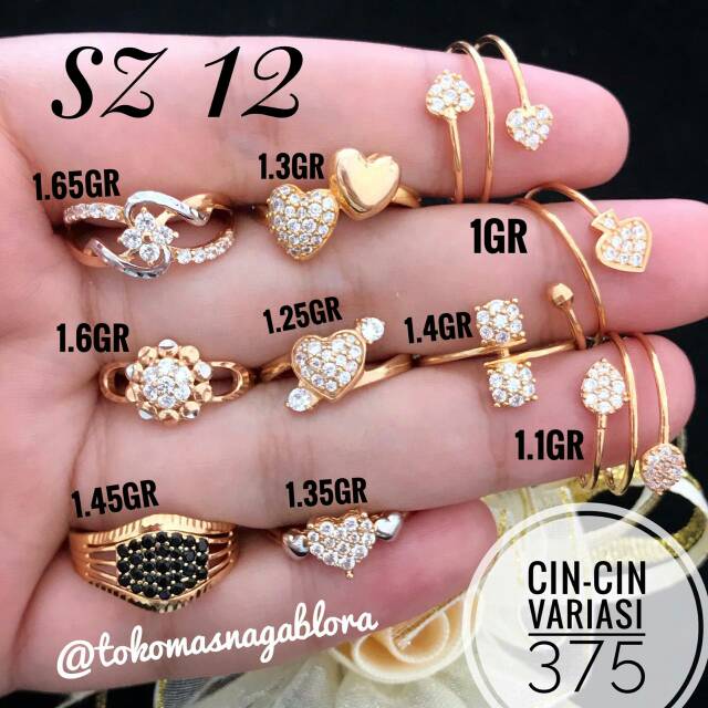 Cincin variasi hati bunga love putih  hitam mata emas  375  