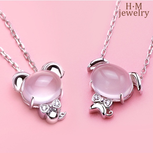 Kalung Rantai Silver S925 Liontin Batu Kuarsa Pink Motif Shio Cina Untuk Wanita