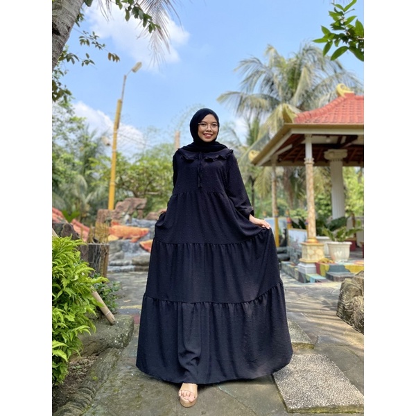 Gamis Jumbo long Dress Gamis Lebaran Idul fitri Gamis rubiah Crincle kerah korea Gamis rubiah Umpak-Hitam