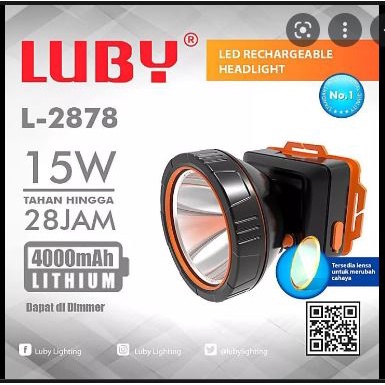 Senter Kepala LUBY 15w 2878 LED Dimmer Putar Headlamp Lubi 15Watt Super Terang Jarak Jauh Charger Baterai 4000mah Lithium 18650 Dobel Power Cahaya Putih + Lensa Kuning Belor Berburu Batre Original Termurah