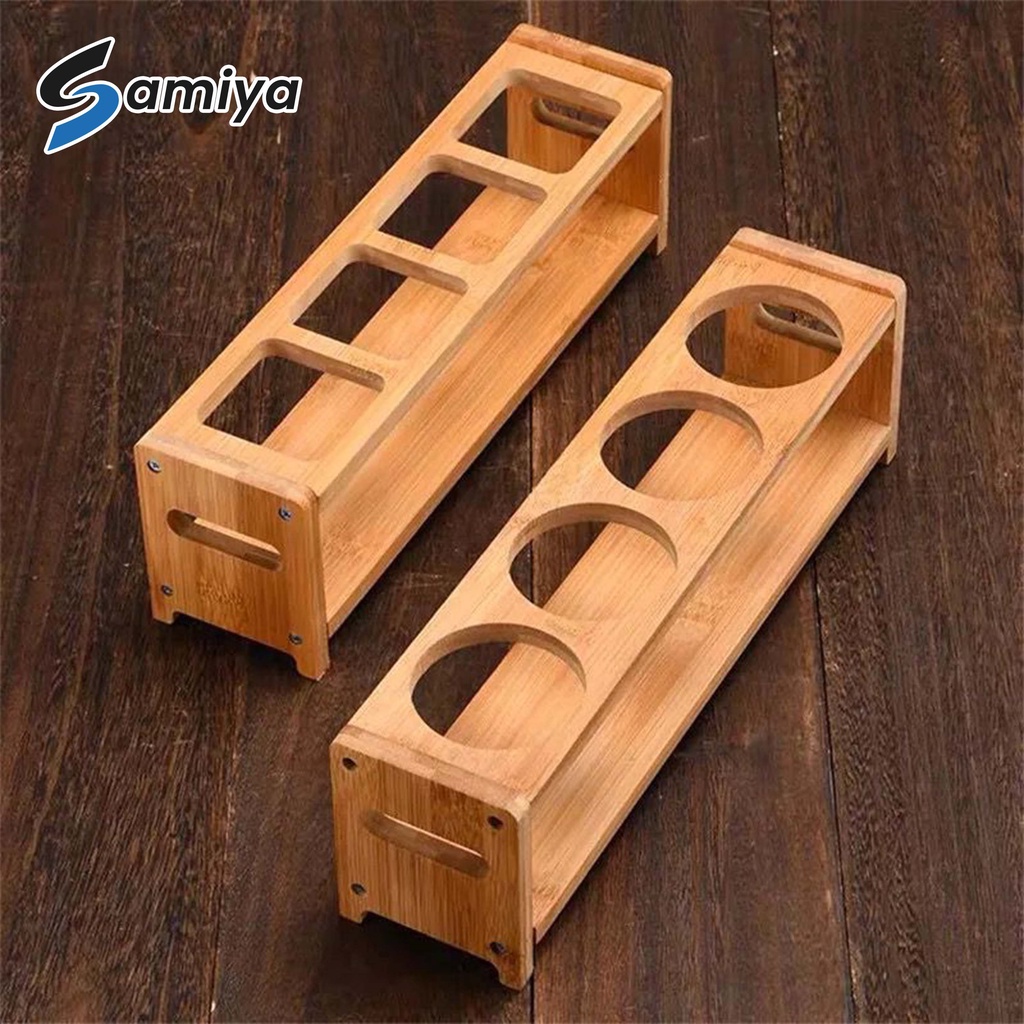 rak kayu tempat botol minyak kecap saus bumbu dapur 4slot / wooden rack oil sauce bottle square round 4 hole