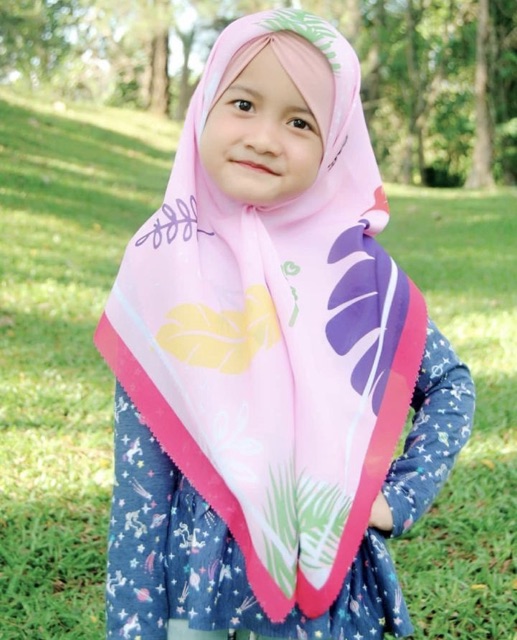 VOAL PRINTING ANAK MOTIF LEAVES / FLOWER PINK / HIJAB ANAK LUCU / JILBAB ANAK KARAKTER