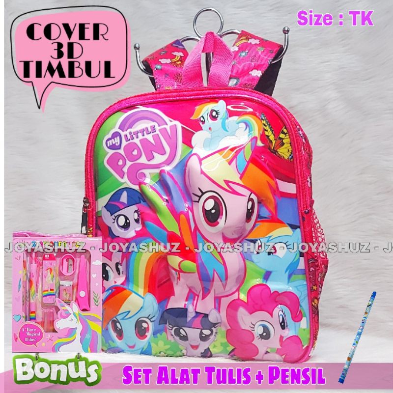 Tas Sekolah Anak Pony 3 Dimensi Gratis Set Alat Tulis / Tas Karakter Anak