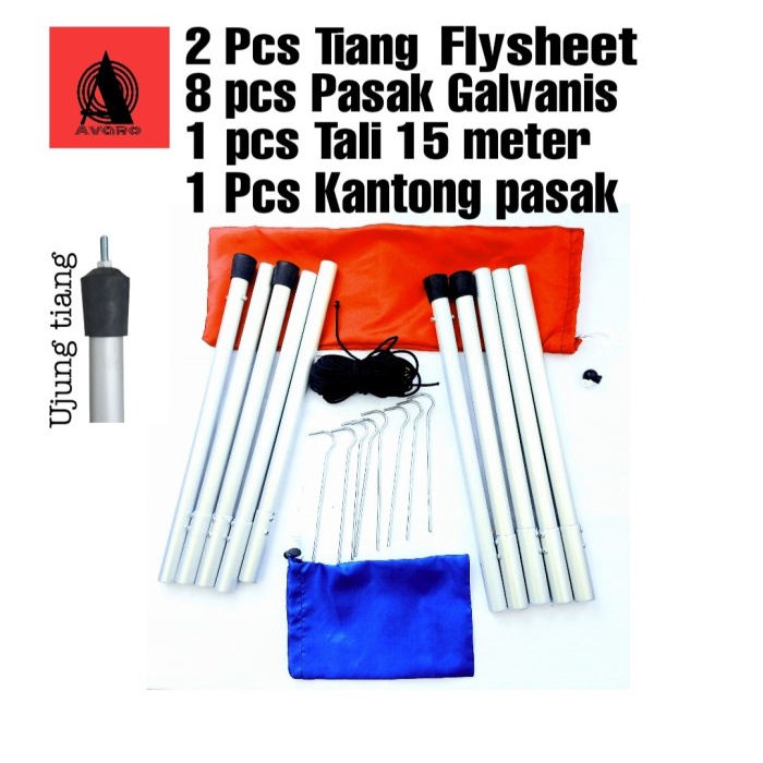 2 Pcs Tiang Flysheet - Tiang Tenda Camping + Pasak + Tali