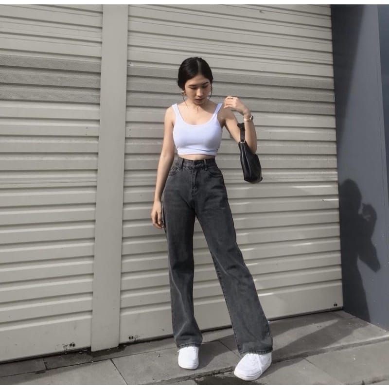 BLACK HIGHWAIST NEW STRAIGHT CELANA KULOT JEANS WANITA LOOSE