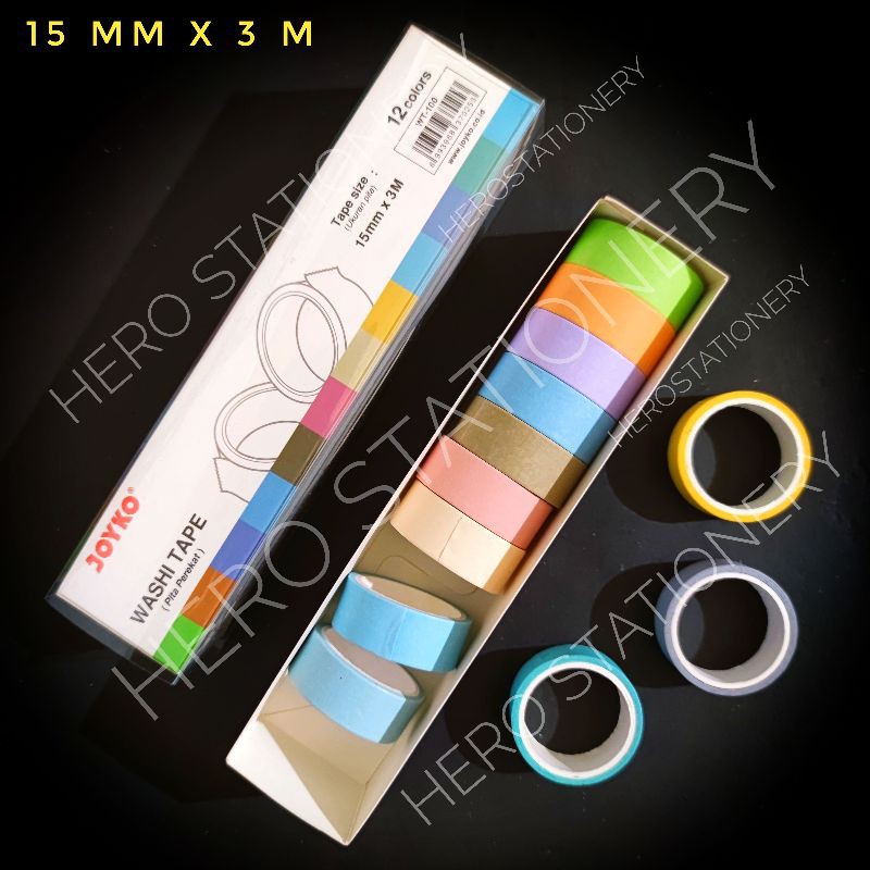 

Joyko selotip kertas washi tape 12 warna 15 mm x 3 m WT-100