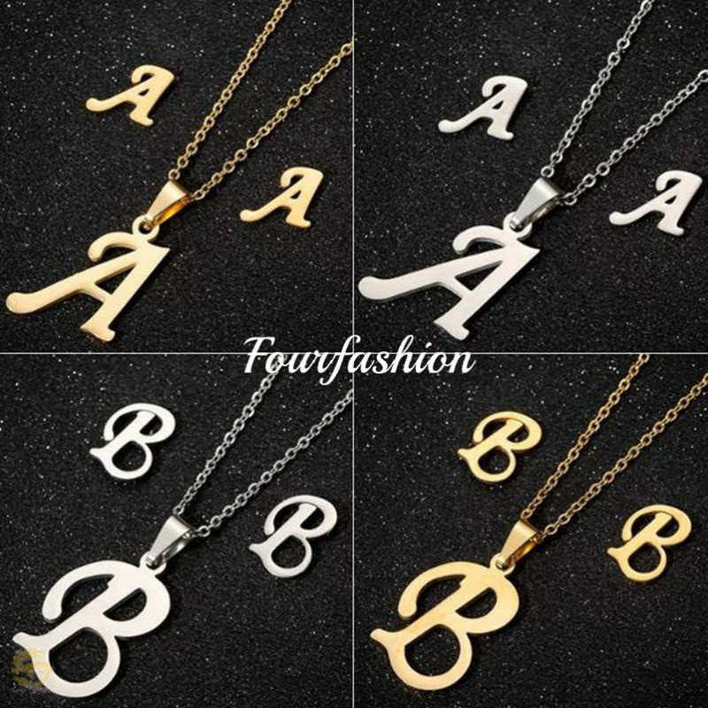 FF Kalung Titanium Anti Karat Huruf besar Stainless Steel Huruf Inggris Anting Kalung Set