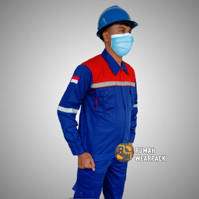 Baju Kerja/ Wearpack Proyek/ Seragam Kerja Atasan Biru Benhur Merah