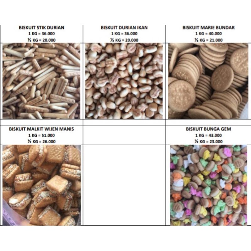 1/2 Kg Biskuit (stik durian, durian ikan, marie bundar, malkis wijen, bunga gem)