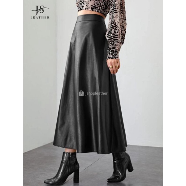 Rok Panjang A Line Kulit PU High Waist Ritsleting Samping Gaya Korea