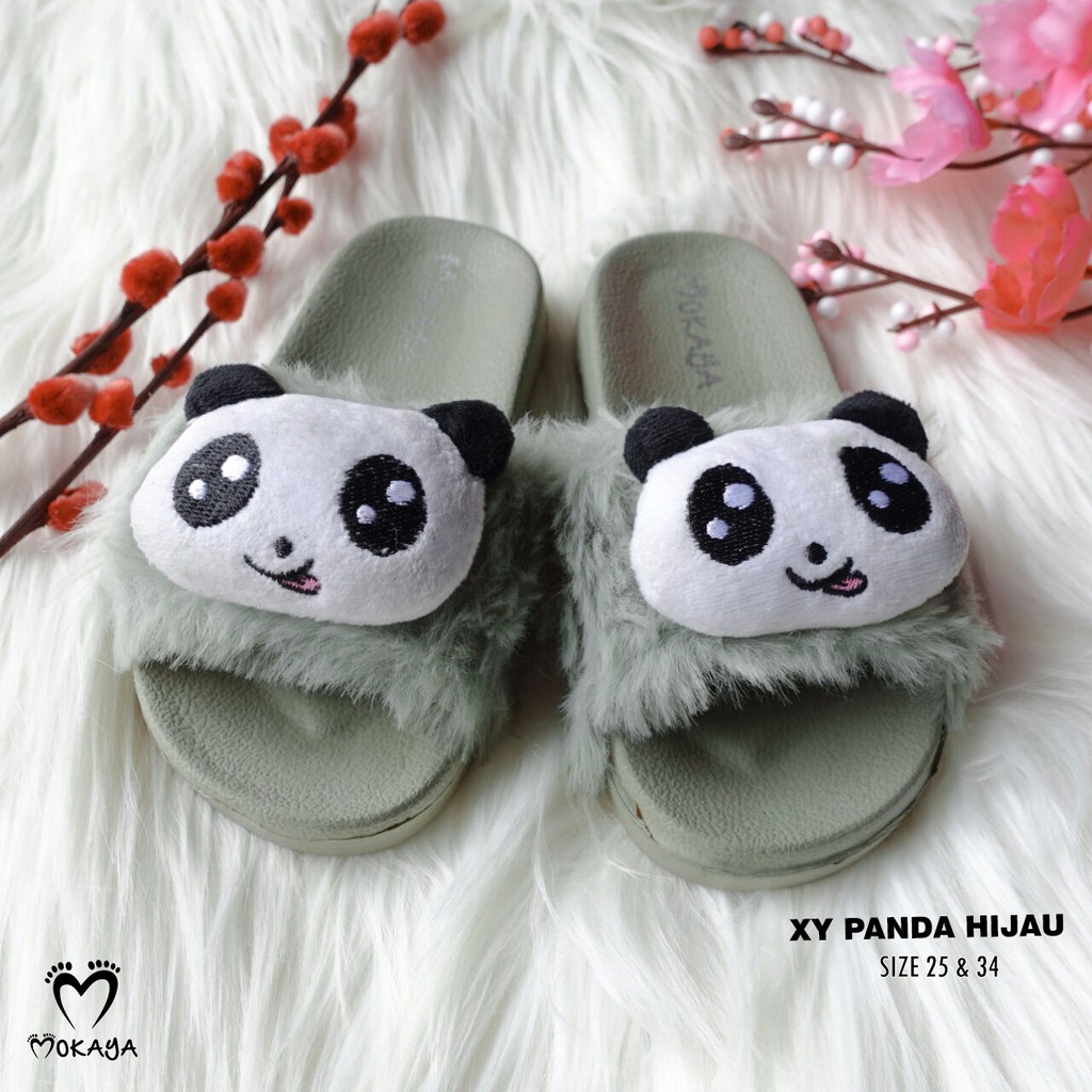 SANDAL SLOP ANAK CEWEK BULU HALUS BONEKA PANDA IMPORT MOKAYA (XY-PANDA MINI-HIJAU)