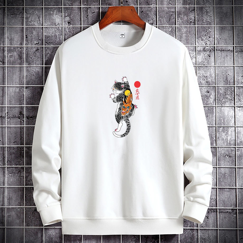 Sweater Baju Pria Lengan Panjang / Motif Kucing Jepang  / Kaos Lengan Panjang / Baju pria Wanita Ter