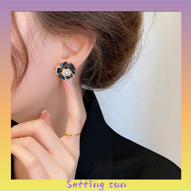 925 anting-anting mutiara Camellia Retro anting-anting bunga berlian TN