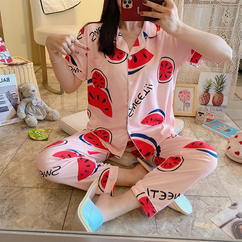 BAJU TIDUR PIYAMA SET KEMEJA CP LENGAN PENDEK CELANA PANJANG IMPORT PREMIUM BANYAK MOTIF 3-Semangka