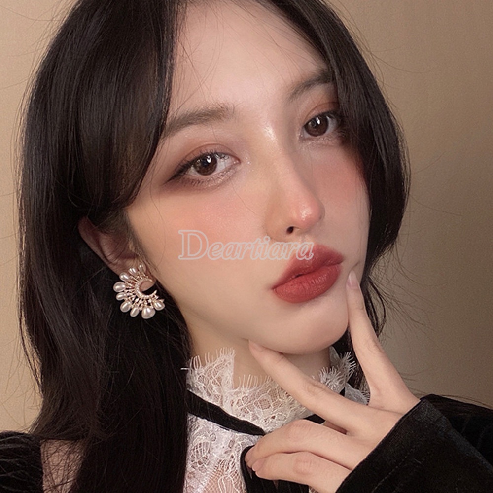 Anting Bentuk C Ganda Aksen Mutiara Gaya Retro