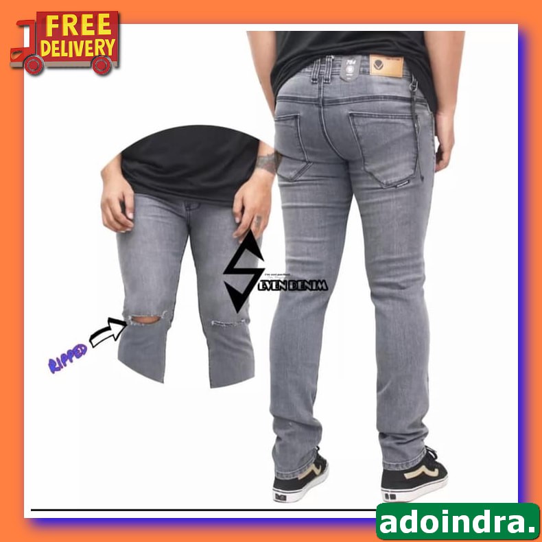 Celana Panjang Jeans Pria Levis Karet Slimfit Cowok Standar Size  WV746 Grey Knee Ripped Jeans-Celan