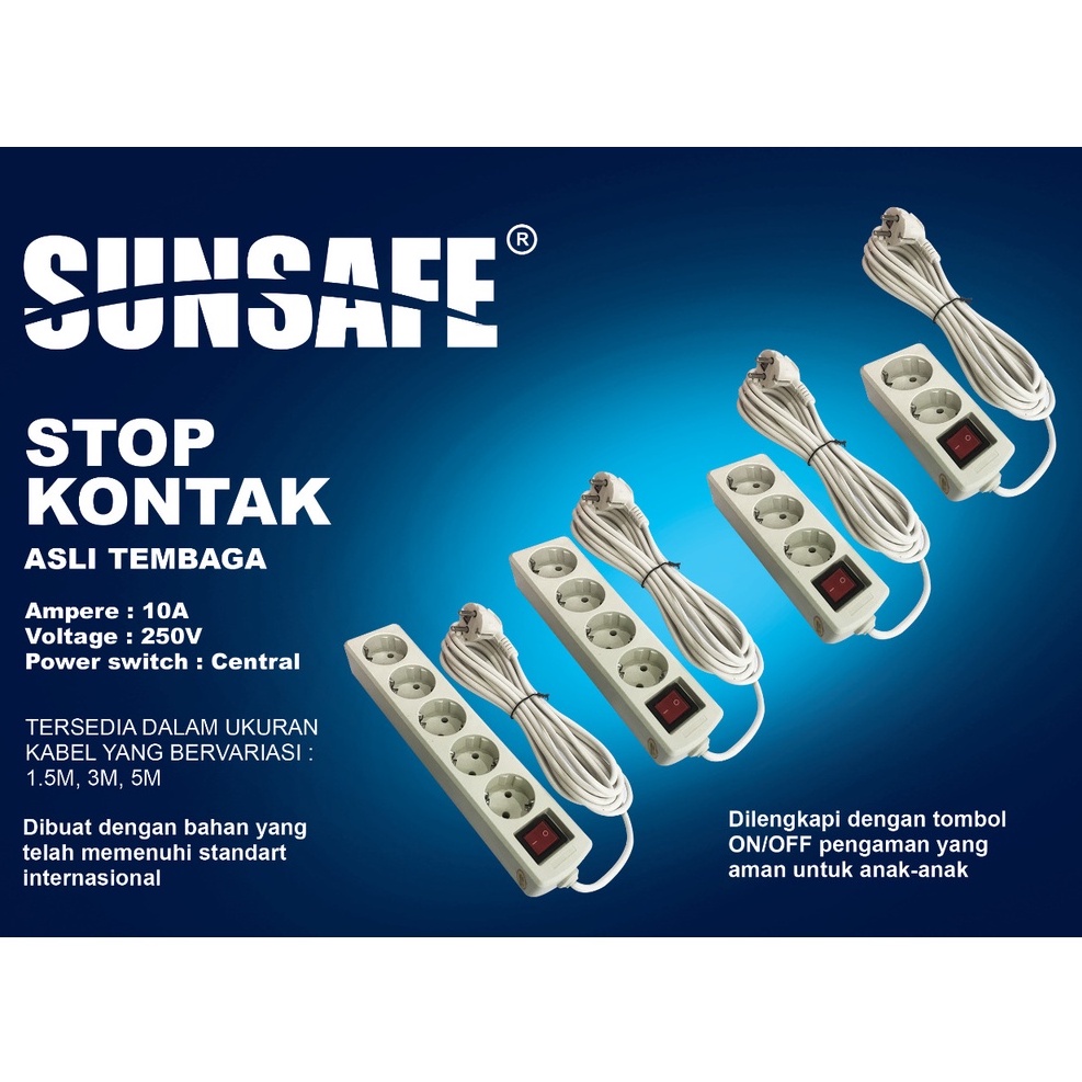 Sunsafe Stop Kontak Kabel / Colokan Listrik 1.5 - 3 - 5 Meter 2 - 3 - 4 - 5 Lubang