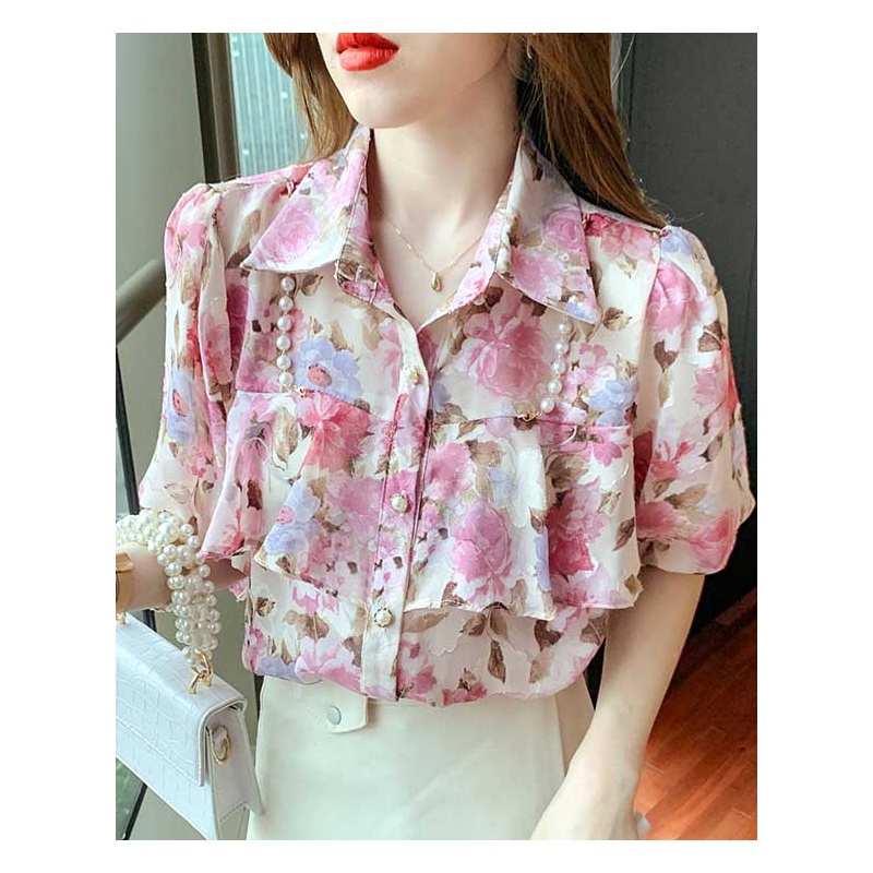 Blouse sifon wanita atasan wanita motif bunga bunga hiasan mutiara collar blouse cewek cantik elegan
