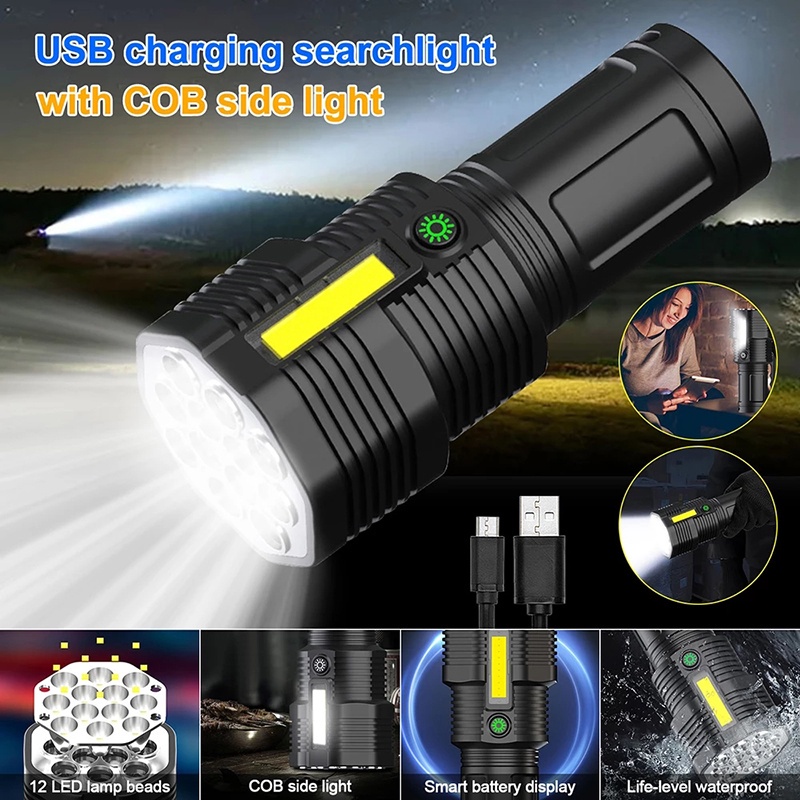 Lampu Senter 12 LED High Power Adjustable Anti Air Tahan Lama Dengan Port Charger USB