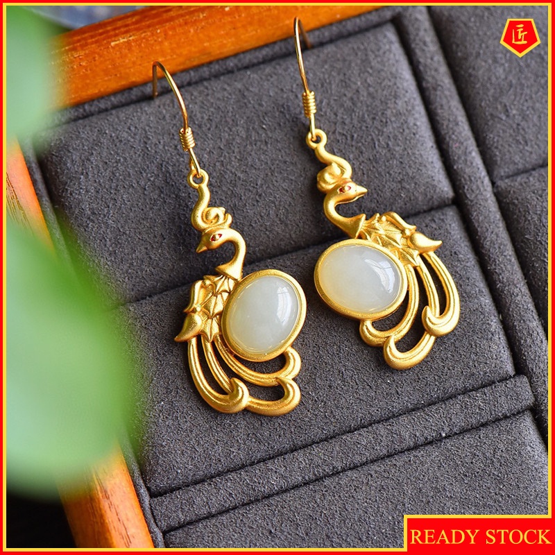 [Ready Stock]Retro Chinese Style Natural Jade Gold Phoenix Earrings