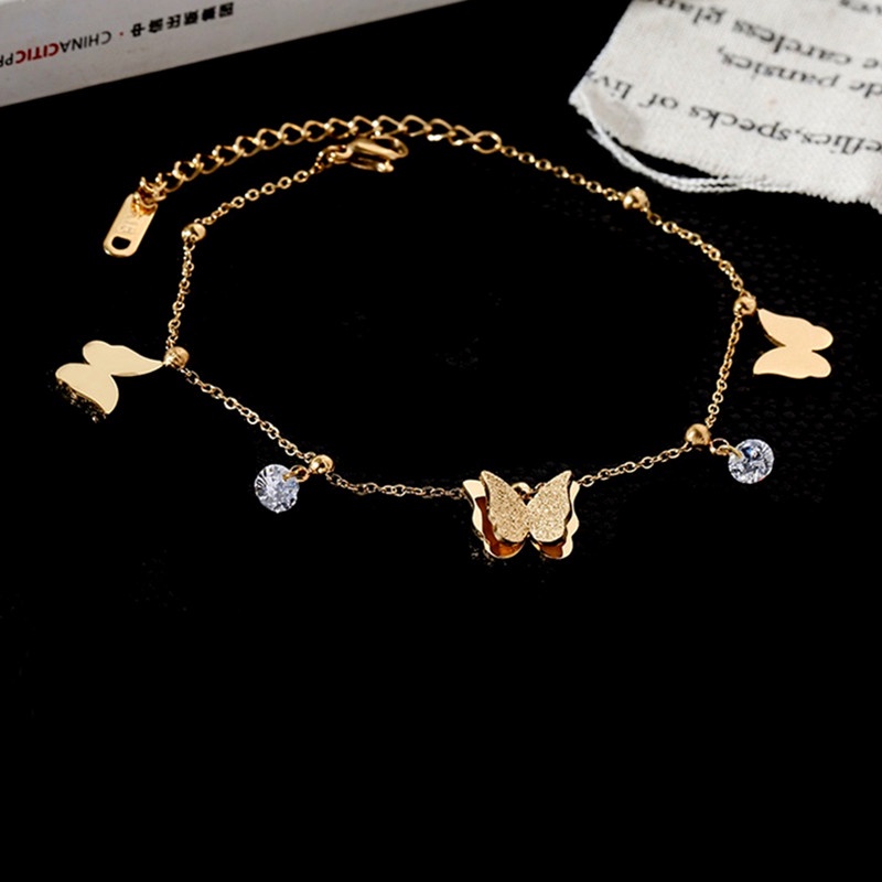 Gelang Kaki Titanium Kupu Berlian Lapis Emas 18k Anti Karat Anti Luntur Aksesoris Wanita