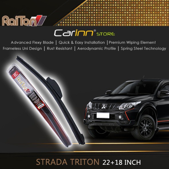 Raiton Sepasang Wiper Frameless Full Karet Kaca Depan Strada Triton 22" & 18" -2 Buah