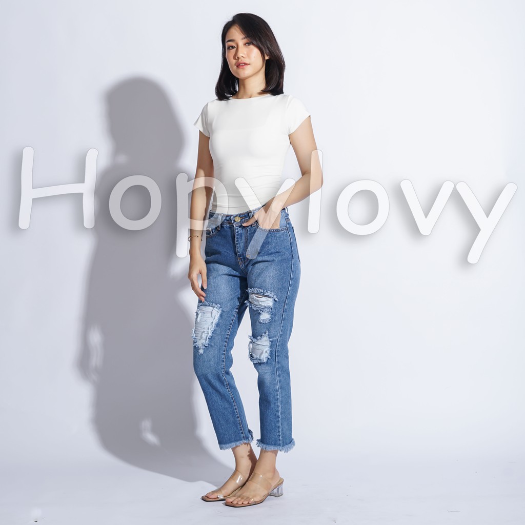 HOPYLOVY - Celana Boyfriend Ripped Jeans Wanita Rawis  Lucinna