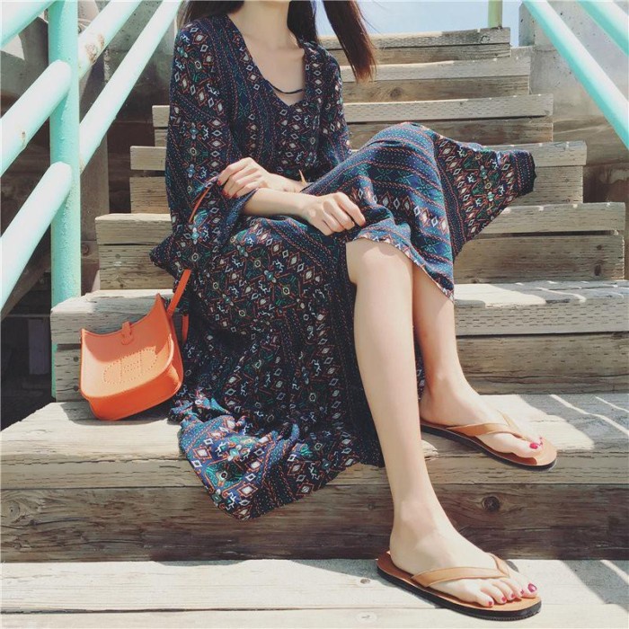 Dress Maxi Bohemian Longgar Wanita Lengan Panjang untuk Pantai /