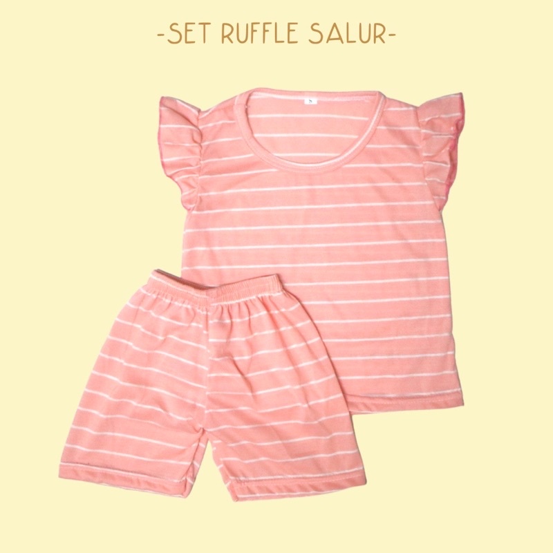 DK SETELAN RUFFLE SALUR / Set Baju + Celana Pendek Garis Anak Perempuan Simple Harian