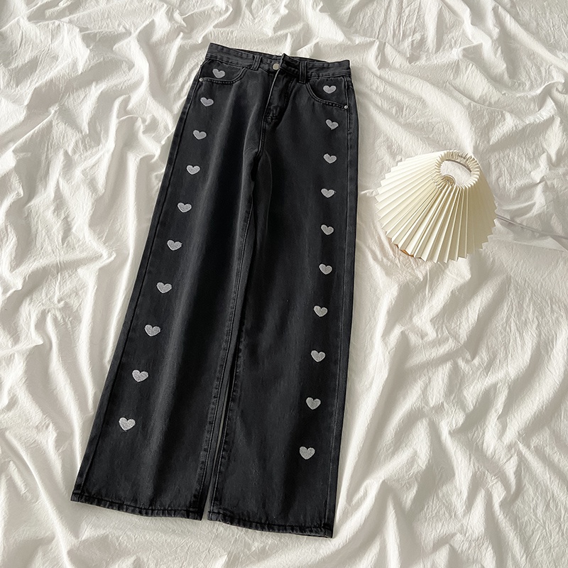 new Hitam Love embroidery Ccelana jeans panjang wanita