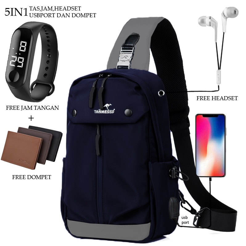 5IN1 BAYAR DITEMPAT-BONUS JAM LED,DOMPET &amp; USBPORT&amp;HEADSET TAS SELEMPANG PRIA