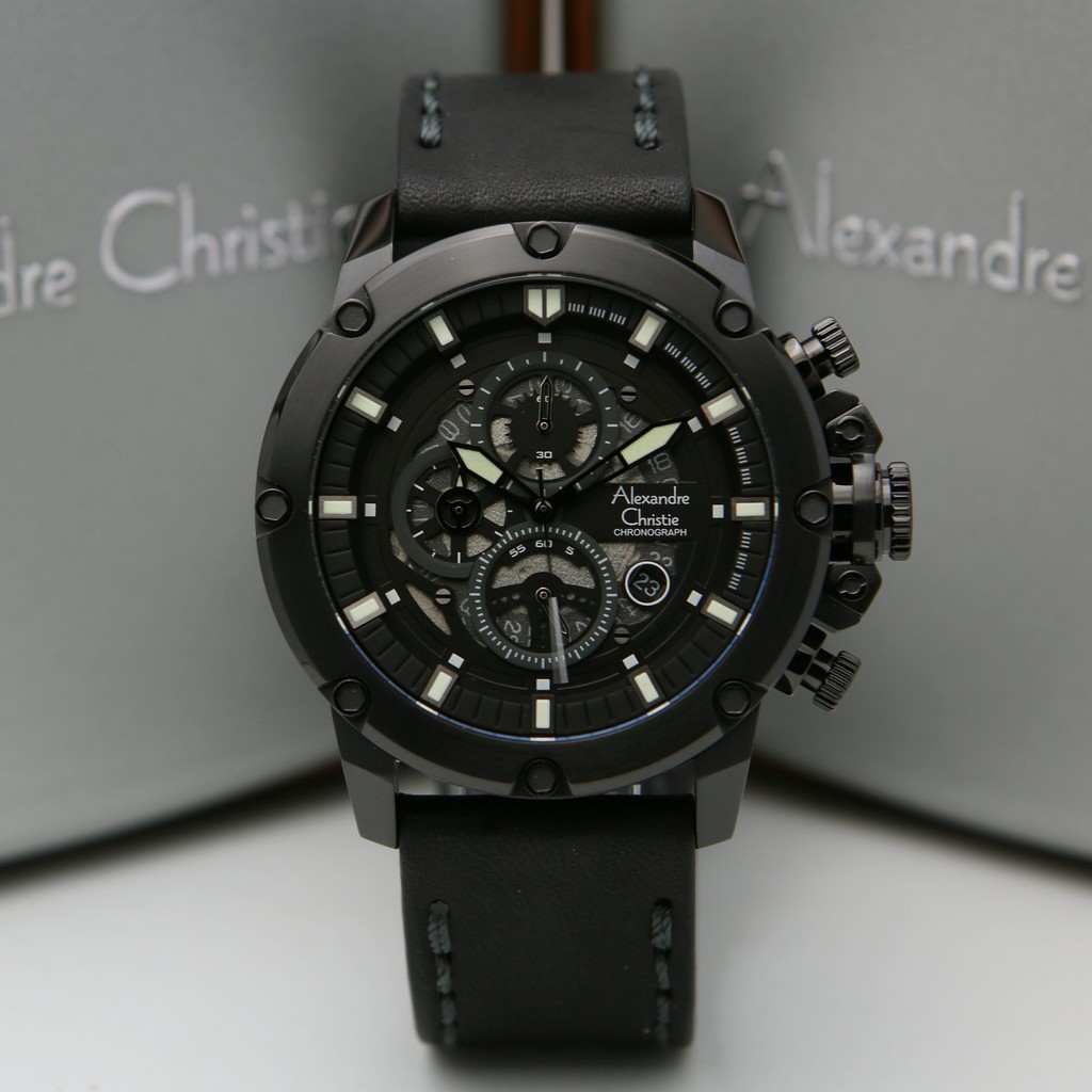Jam Tangan Pria Alexander Christie AC 6564 MC LIPBA Full Black Leather Black Original