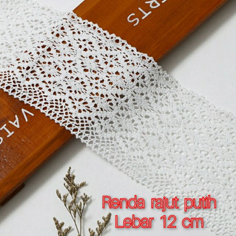 per meter,renda rajut warna putih lebar 12 cm