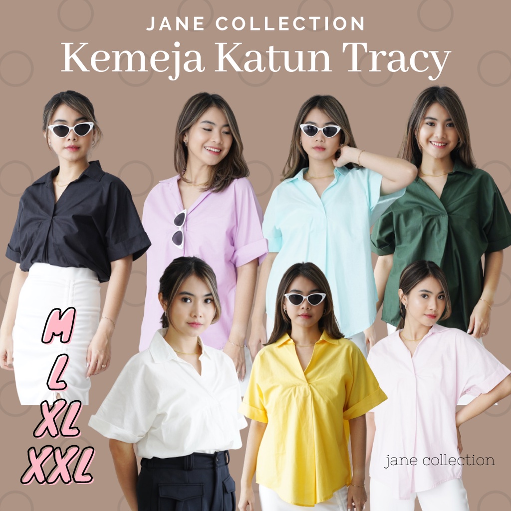 JANE COLLECTION || Kemeja Kerja Wanita Hitam Kemeja Basic Polos Putih Lengan Pendek Katun 100% Oversize XXL - Kemeja Katun Tracy