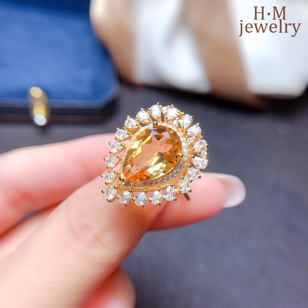 Cincin Lapis Emas 18K Dengan Batu Citrine Natural Mewah Untuk Wanita