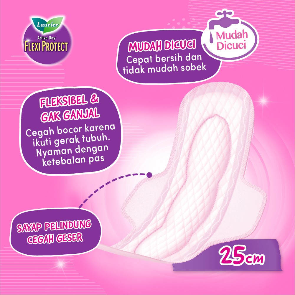 Laurier Flexi Protect Pembalut Wanita Bebas Gerak Seharian Saat Hari Deras 25cm Long Wing Daya Serap Ektra Isi 14 Buah