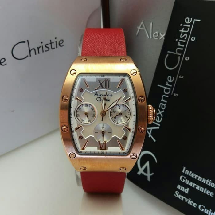 JUAL JAM TANGAN WANITA ASLI   ALEXANDRE CHRISTIE AC 2780 WANITA ROSEGOLD WHITE LEATHER RED ORIGINAL