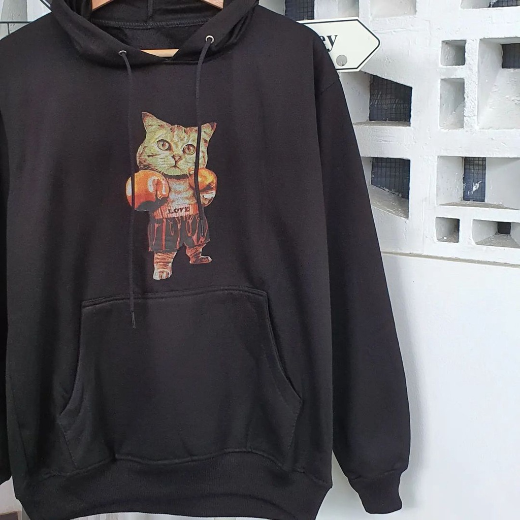 Boxing Cat Hoodie Atasan Pria Wanita Gaya Trendy