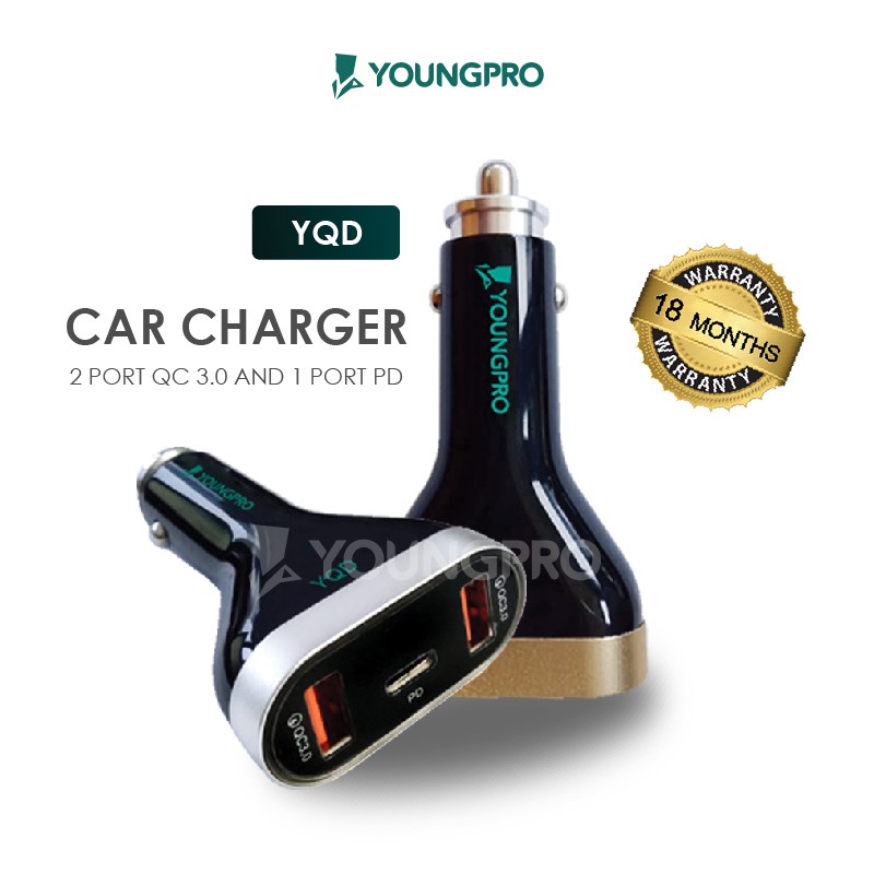 YOUNGPRO Car Charger Quick Charger Dual QC 3.0 + 1 Port Power Delivery YQD-0