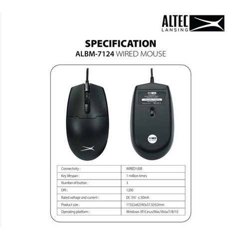 Altec Lansing Mouse Wired ALBM7124 ALBM-7124 ALBM 7124 Optical Mouse USB