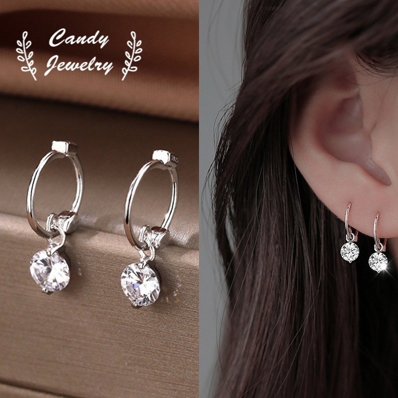 Anting Tusuk Sterling Silver 925 Desain Bulat Hias Berlian Imitasi Warna Permen Untuk Wanita