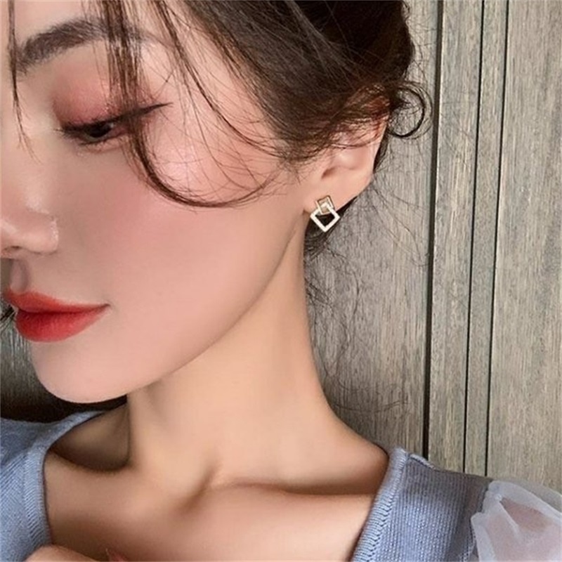 Anting Bentuk Persegi Geometris Bahan Zirkon Gaya Jepang Korea