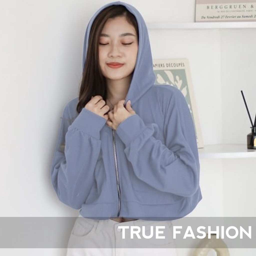 Jaket Crop Wanita Andin - Korean Crop Jacket Pocket Zipper - Atasan Viral Wanita - Jacket Cropped Wanita | Bahan Fleece | Allsize-1