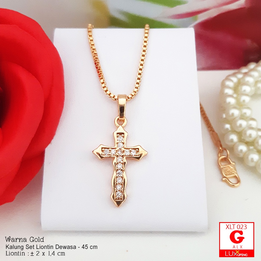 XLT 023 Kalung Set Liontin Salib Polos Tanpa Mata Kalung Salib Korpus Tubuh Yesus  Aksesoris Rohani Kristen Katolik Rosario Perhiasan Xuping Lapis Emas 18K Luxx Xuping