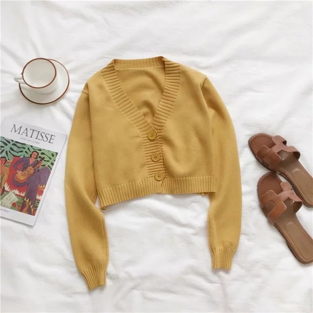 Bailey / Bianca Crop Cardi - Kardigan  Rajut Kombinasi Kancing-Mustard