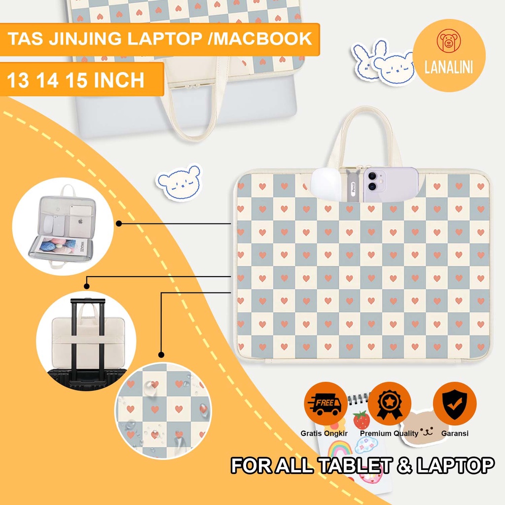 Sleeve Pouch Sarung Tas Bag Case Ipad Tab Tablet Macbook Air Pro Laptop Asus Acer Lenovo HP Huawei 11 12 13 14 15 inch Motif Gambar Kartun Cartoon Love Kotak Warna Biru Pastel Blue Putih Cute Murah Korean Model Jinjing Tali Strap Waterproof Tahan Air