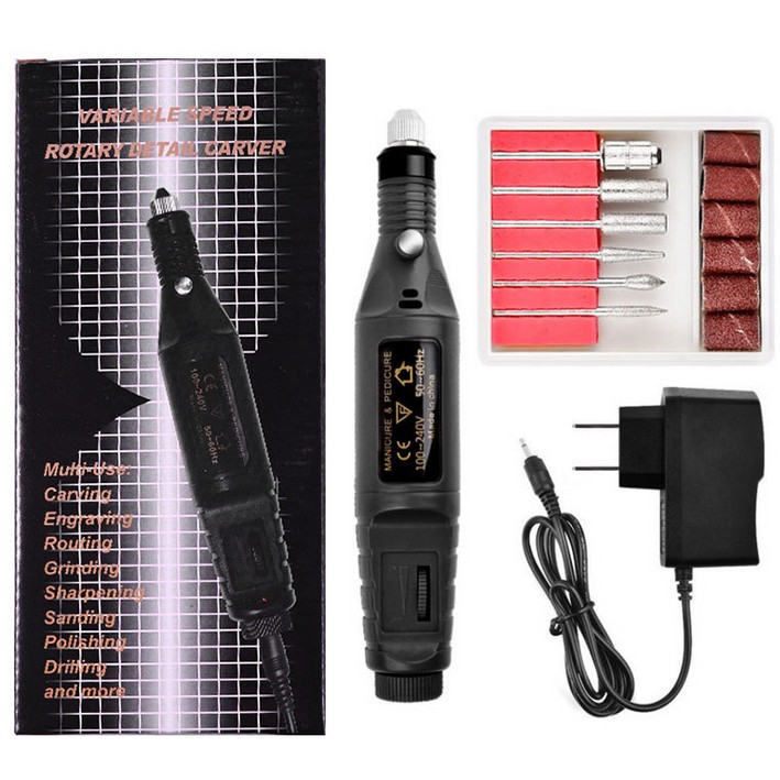 Bor Mini / Alat Ukir Grafir / Gerinda Listrik Mini / Pen Ukir / Pedicure Manicure Machine Set-Black - charger