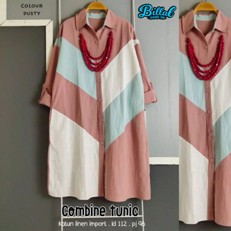 TUNIK / ATASAN WANITA TERBARU BAHAN LINEN COMBINE TUNIC BY BILLAL