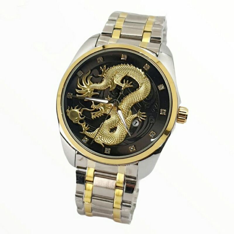 JAM TANGAN FASHION PRIA ROLEX DRAGON 3D TANGGAL AKTIF