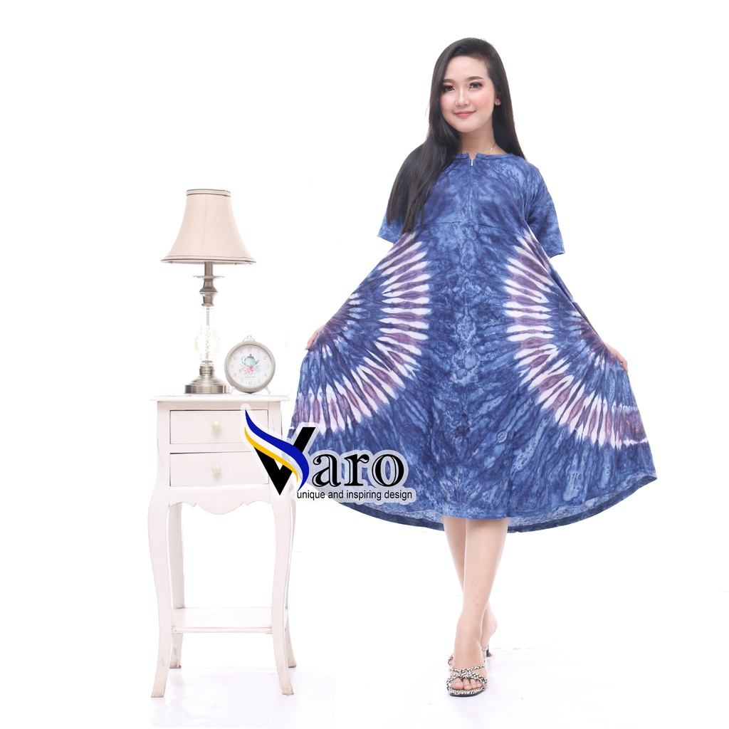[GROSIR] Daster Kaos Payung Busui Tiedye XXL Jumbo Klok A Busui Resleting-Round Biru Ziper